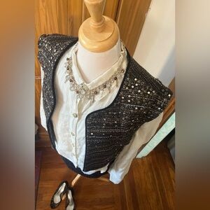 Vintage Black and Gold Women's Vest with gold and silver embellishments